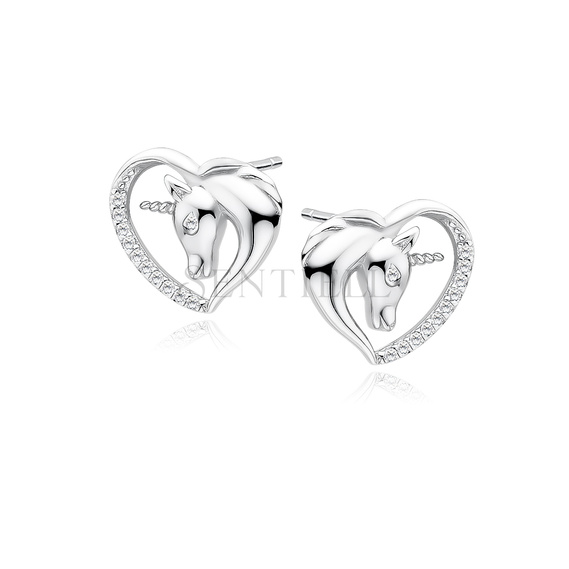 Silver (925) heart earrings - unicorn with white zirconias