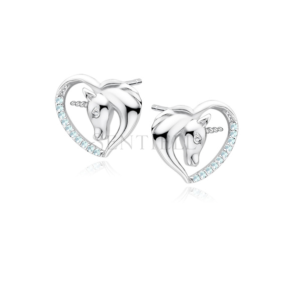 Silver (925) heart earrings - unicorn with aquamarine zirconias and white eye