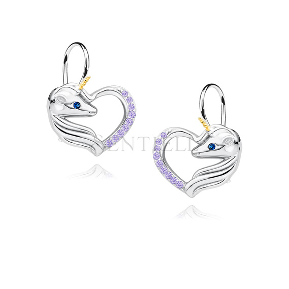 Silver (925) heart earrings - unicorn with violet zirconias and sapphire eye