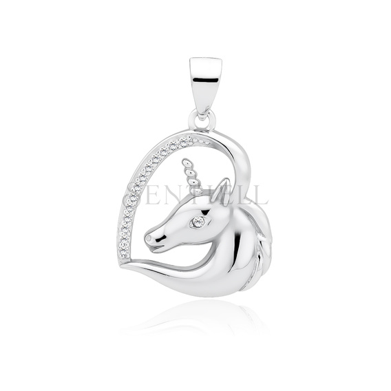 Silver (925) heart pendant - unicorn with white zirconias