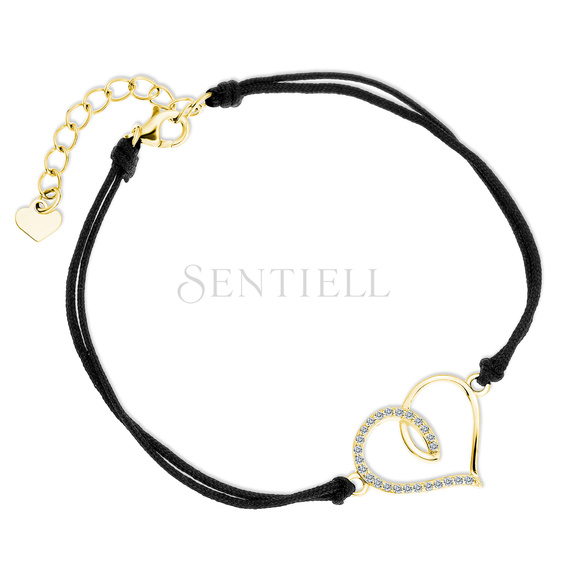 Silver (925) gold-plated bracelet with double black cord - heart with white zirconias