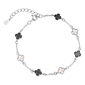 Pulsera de plata de ley 925 con ónix negro y nácar - cuatrifolio