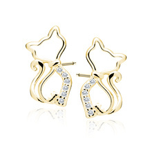 Silver (925) gold-plated earrings cat with white zirconias