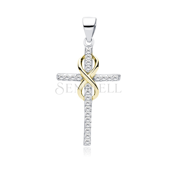 Silver (925) pendant cross with zirconia and gold-plated infinity sign