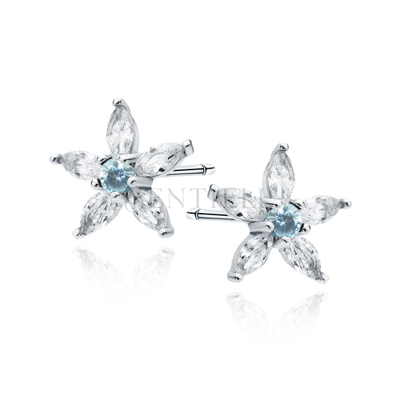 Silver (925) earings - flower with aquamarine zirconia