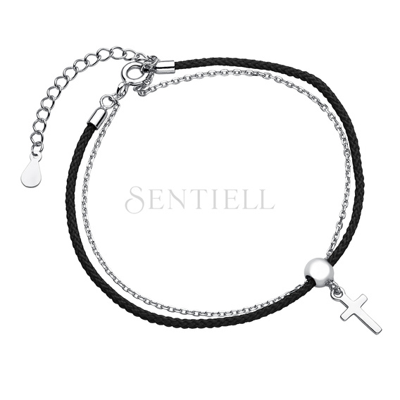 Silver (925) bracelet with black cord - cross