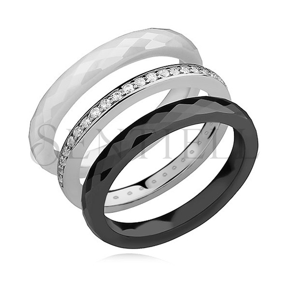 Ceramic white, black rings and silver (925) ring with white zirconia