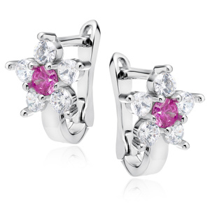 Silver (925) earrings white and deep pink zirconia flower