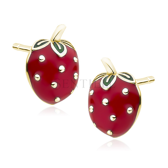 Silver (925) gold-plated earrings red enamelled strawberries