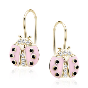 Plata de ley 925 chapada en oro - pendientes mariquita rosa con circonitas