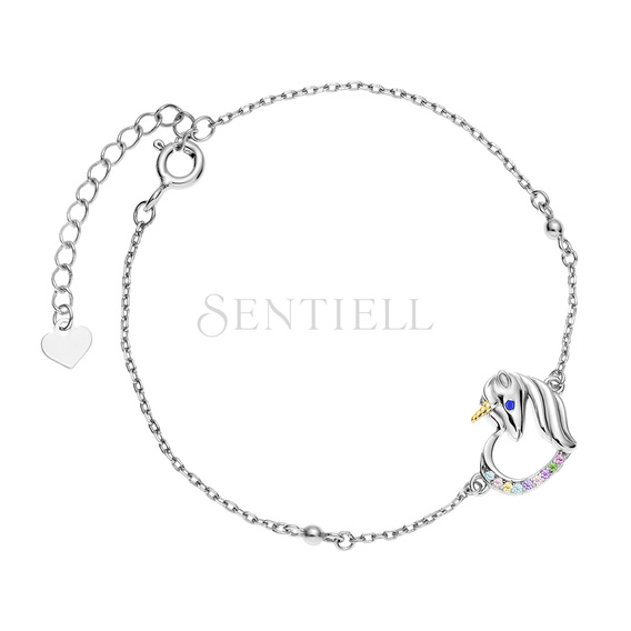 Pulsera de plata de ley 925 - unicornio con circonitas de varios colores y ojo de zafiro
