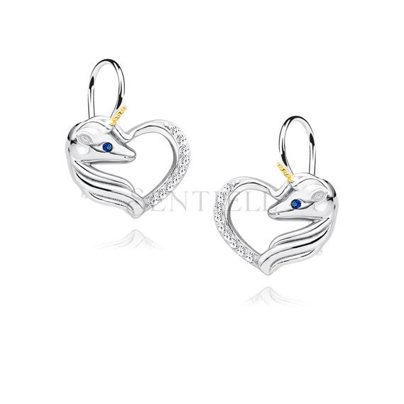 Silver (925) heart earrings - unicorn with white zirconias and sapphire eye