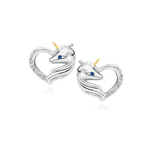 Silver (925) heart earrings - unicorn with white zirconias and sapphire eye