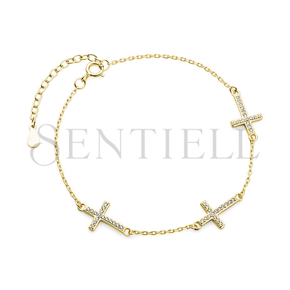 Silver (925) gold-plated bracelet - three crosses with zirconia