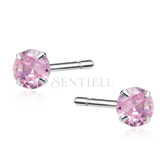 Pendientes de plata de ley 925 redondos con circonita rosa diámetro 4 mm