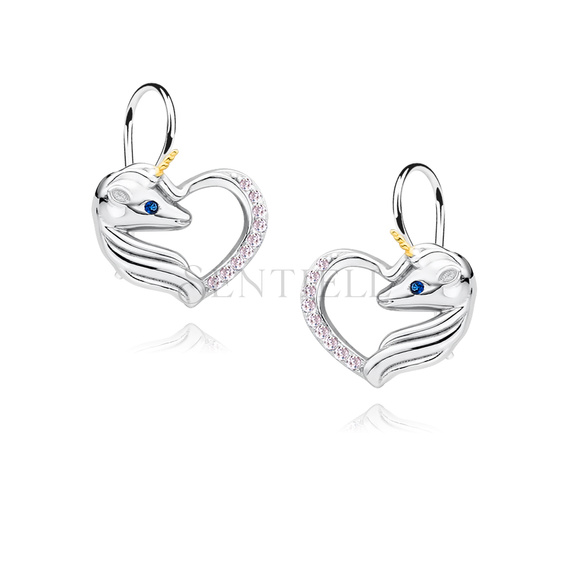 Silver (925) heart earrings - unicorn with light pink zirconias and sapphire eye