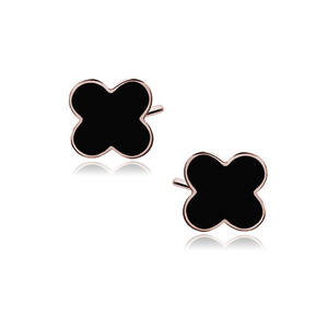 Silver (925) rose gold-plated black enameled quatrefoil earrings