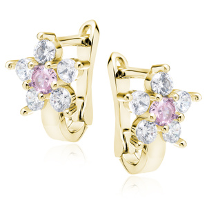 Silver (925) earrings with light pink zirconia, gold-plated flower