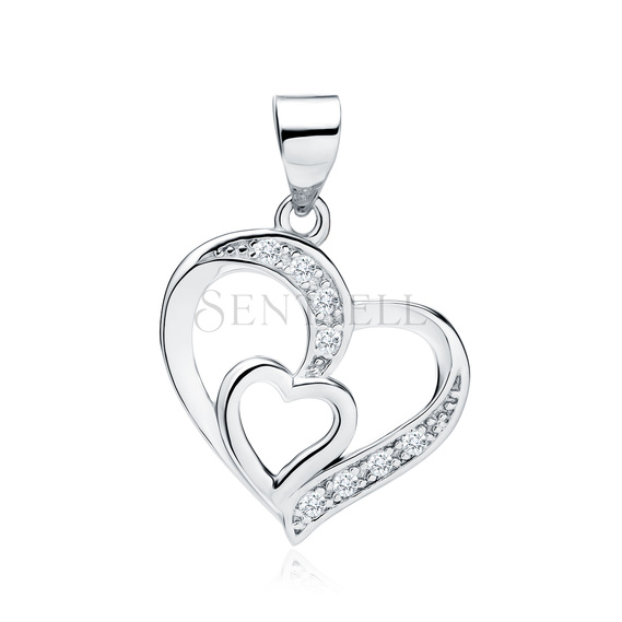 Silver (925) pendant white zirconia - double heart