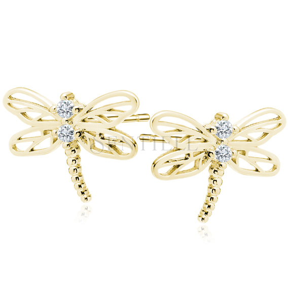 Silver (925) gold-plated earrings - dragonfly with white zirconias