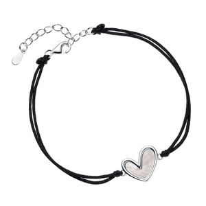 Pulsera plata de ley 925 corazón con nácar y cordón negro