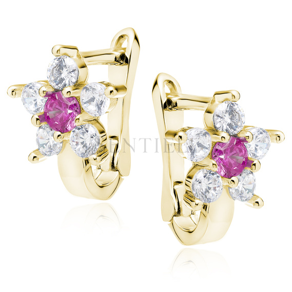 Silver (925) earrings with ruby zirconia, gold-plated flower