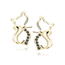 Silver (925) gold-plated earrings cat with black zirconias