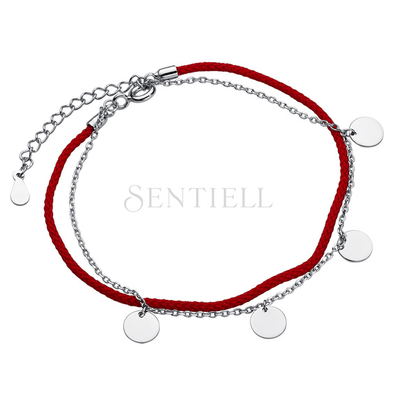 Silver (925) bracelet with red cord and circles on chain