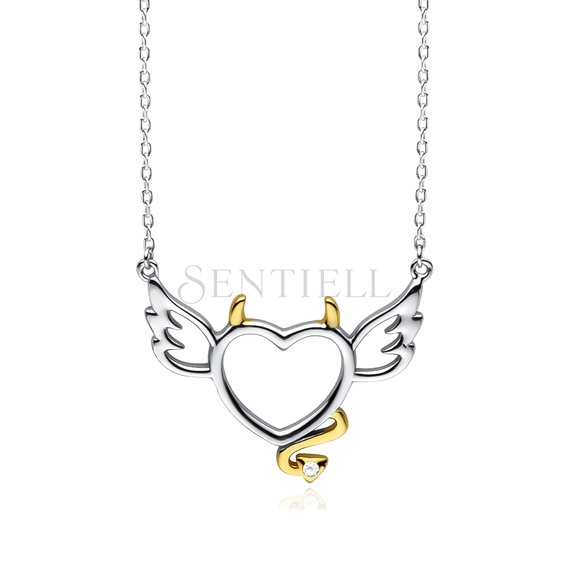 Silver (925) necklace - devil heart with zirconia - gold-plated tail and horns