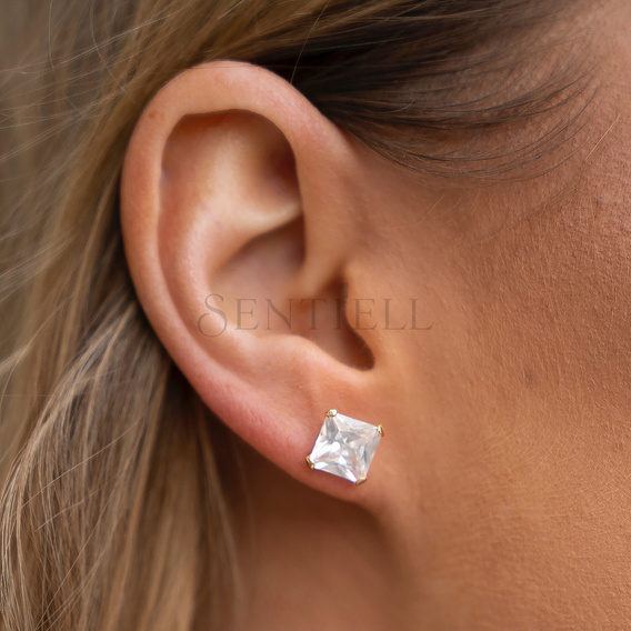 Pendientes de plata de ley 925 chapados en oro con circonita blanca cuadrada 8 x 8 mm
