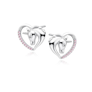 Silver (925) heart earrings - unicorn with light pink zirconias and white eye