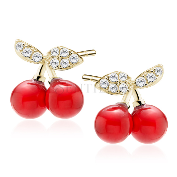 Silver (925) gold-plated earrings - cherries with white zirconia and red pearl