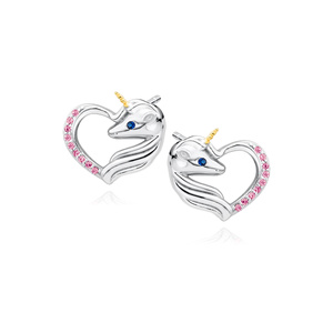 Silver (925) heart earrings - unicorn with ruby zirconias and sapphire eye