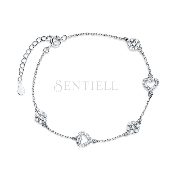 Silver (925) bracelet, flowers and hearts with white zirconias