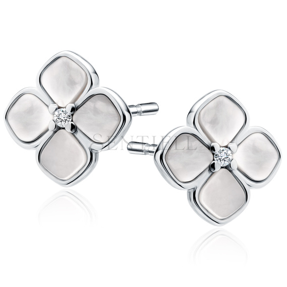 Silver (925) earrings with Nacre - white flowers with white zirconia