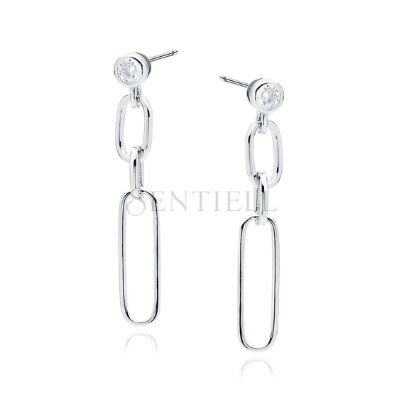 Silver (925) earrings three chain links with white zirconia