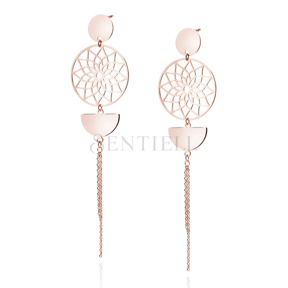 Silver (925) rose gold-plated earrings - mandala with circle, semicircle and chains