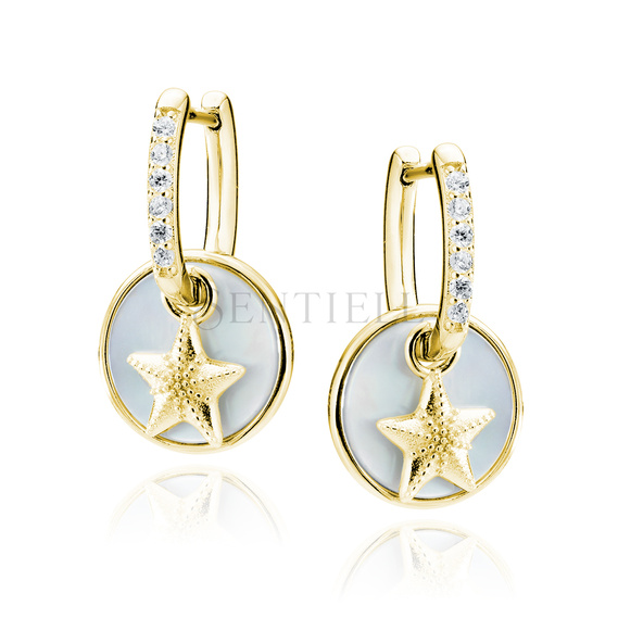 Silver (925) gold-plated earrings with white zirconias - stars in circles with Mother of pearl