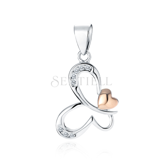 Silver (925) butterfly with rose gold-plated heart and white zirconias