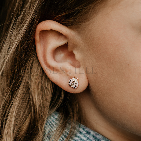 Silver (925) rose gold-plated earings - pink ladybug with zirconias