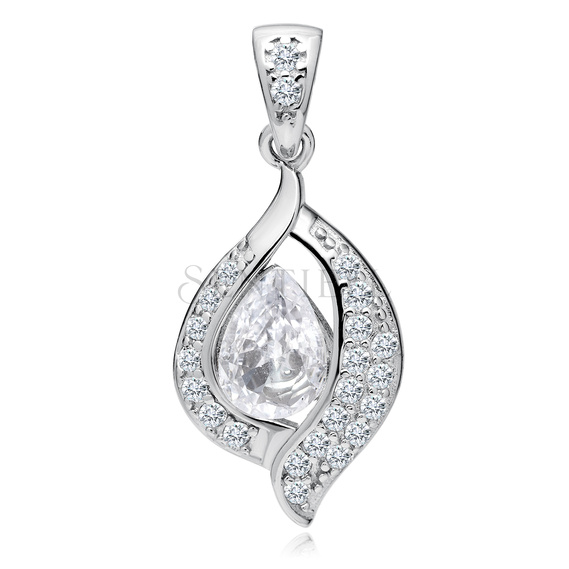 Silver (925) delicate pendant - white drop with white zirconias