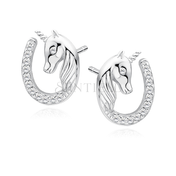 Silver (925) horseshoe earrings - unicorn with white zirconias
