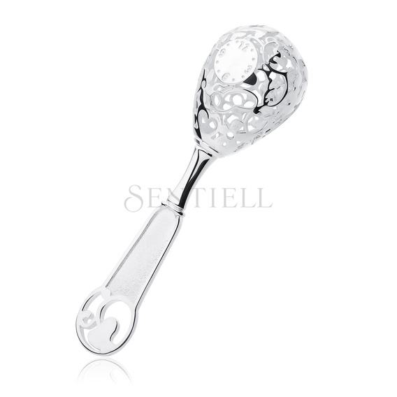 Silver (925) children rattle - openwork with hearts & flowers