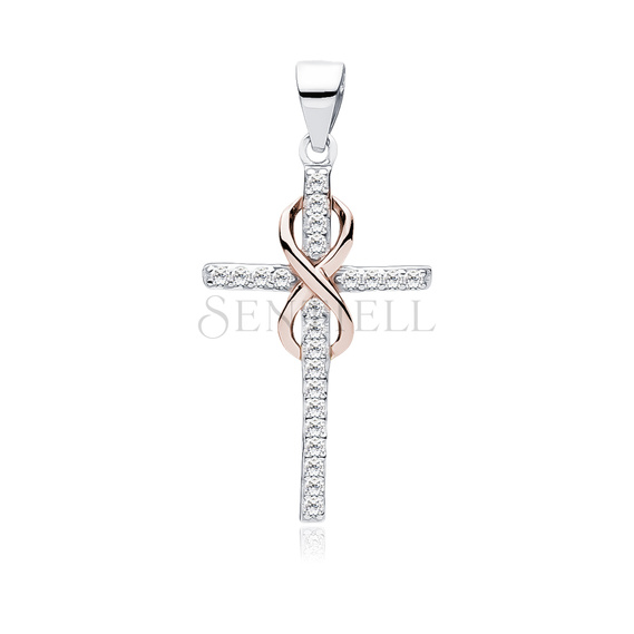 Silver (925) pendant cross with zirconia and rose gold-plated infinity sign