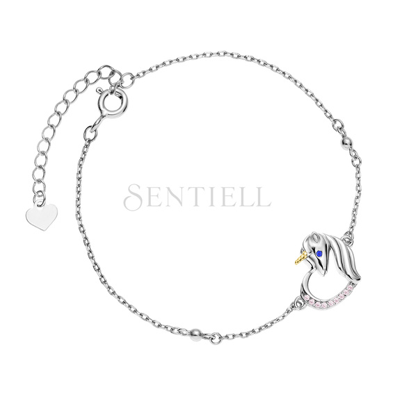 Pulsera de plata de ley 925 - unicornio con circonitas rosa claro y ojo de zafiro