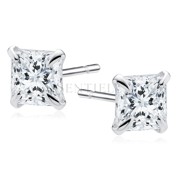 Silver (925) rhodium-plated earrings white zirconia 4 x 4mm square