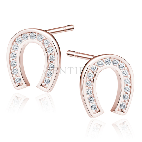 Silver (925) rose gold-plated horseshoe earrings with white zirconias