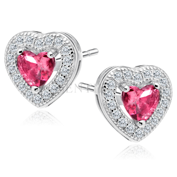 Silver (925) Earrings ruby colored zirconia - hearts