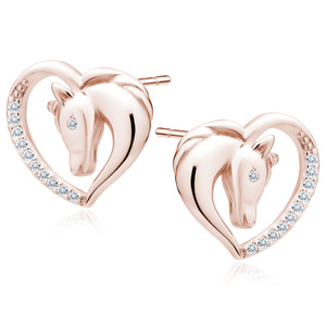 Silver (925) rose gold-plated heart earrings - horse with white zirconias