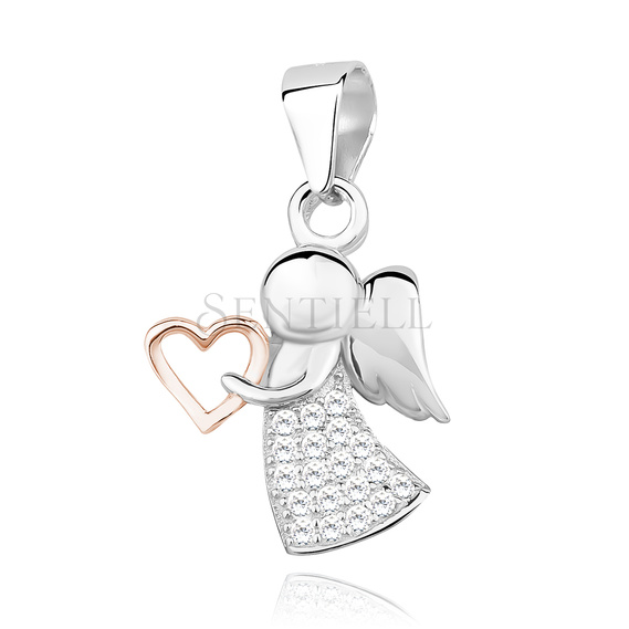 Silver (925) angel pendant with white zirconias and rose gold-plated heart